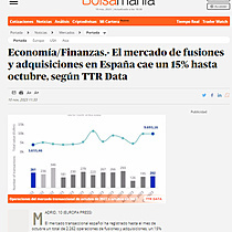 Economa/Finanzas.- El mercado de fusiones y adquisiciones en Espaa cae un 15% hasta octubre, segn TTR Data